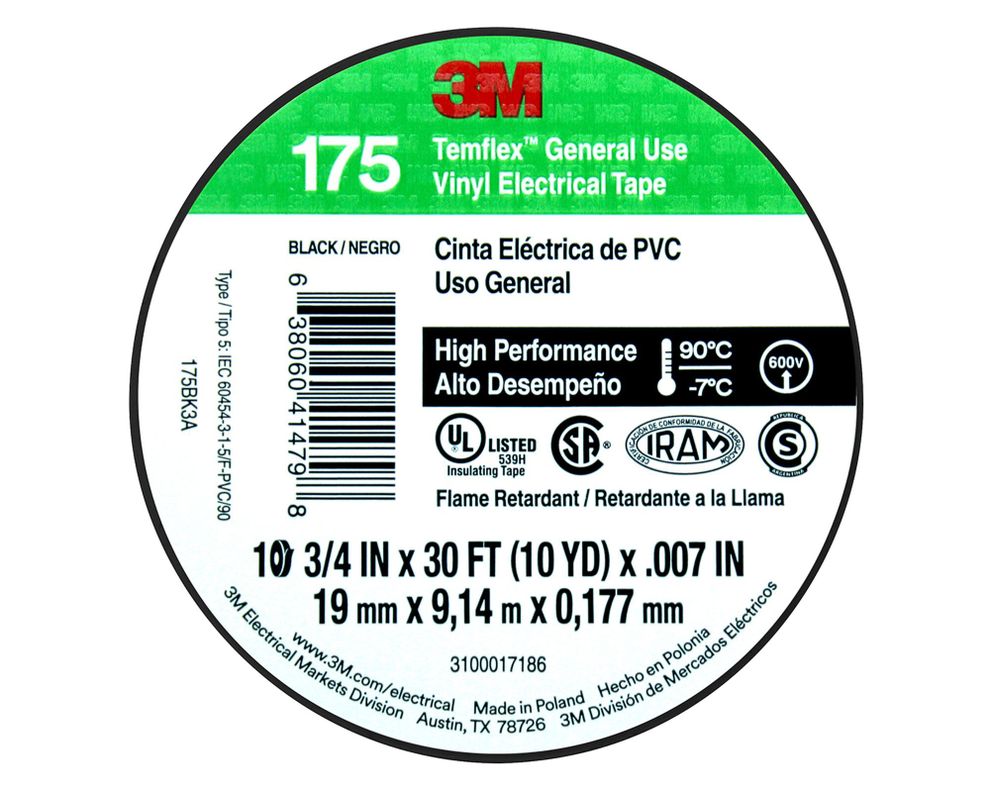 Cinta eléctrica 19 mm 9 m Temflex 175 negro 3M-0
