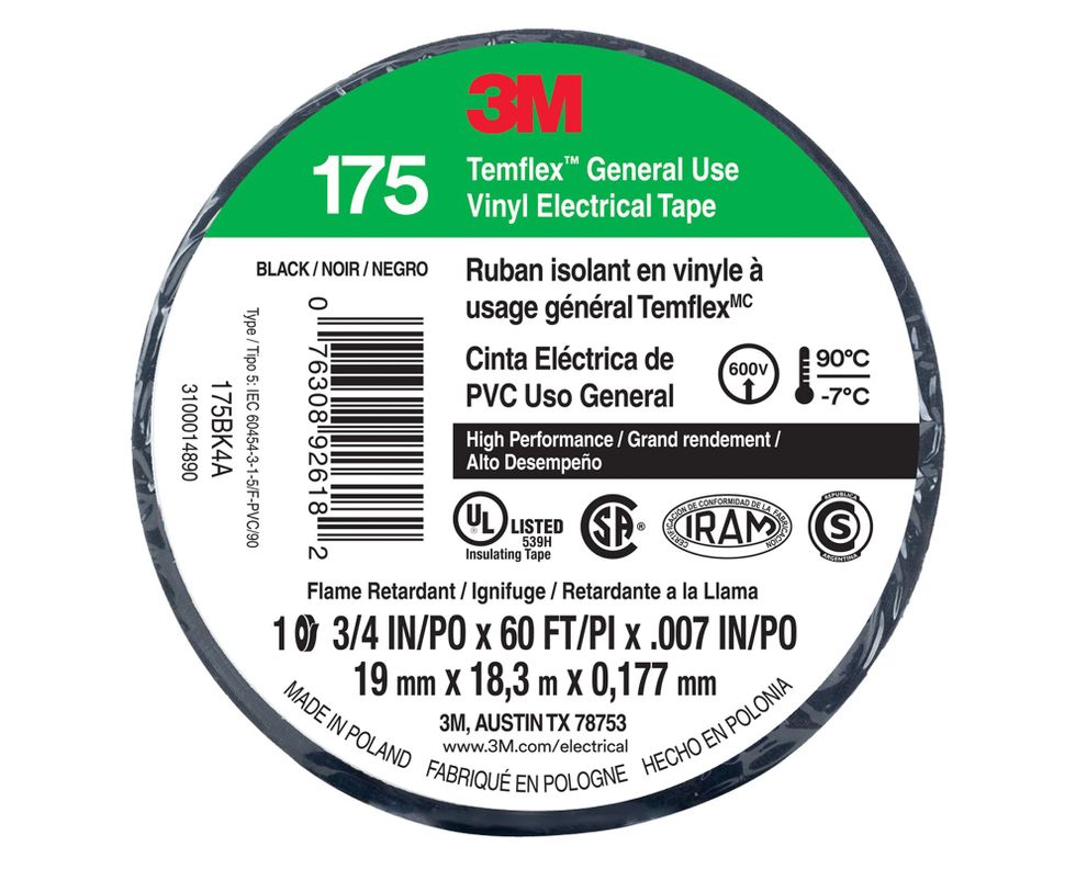 Cinta electrica 19 mm 18 m Temflex 175 negro 3M