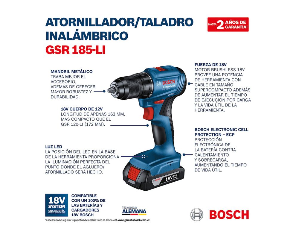 Taladro atornillador 18V 13 mm GSR 185-LI + 2 baterías 2.0 Ah + maletín-3