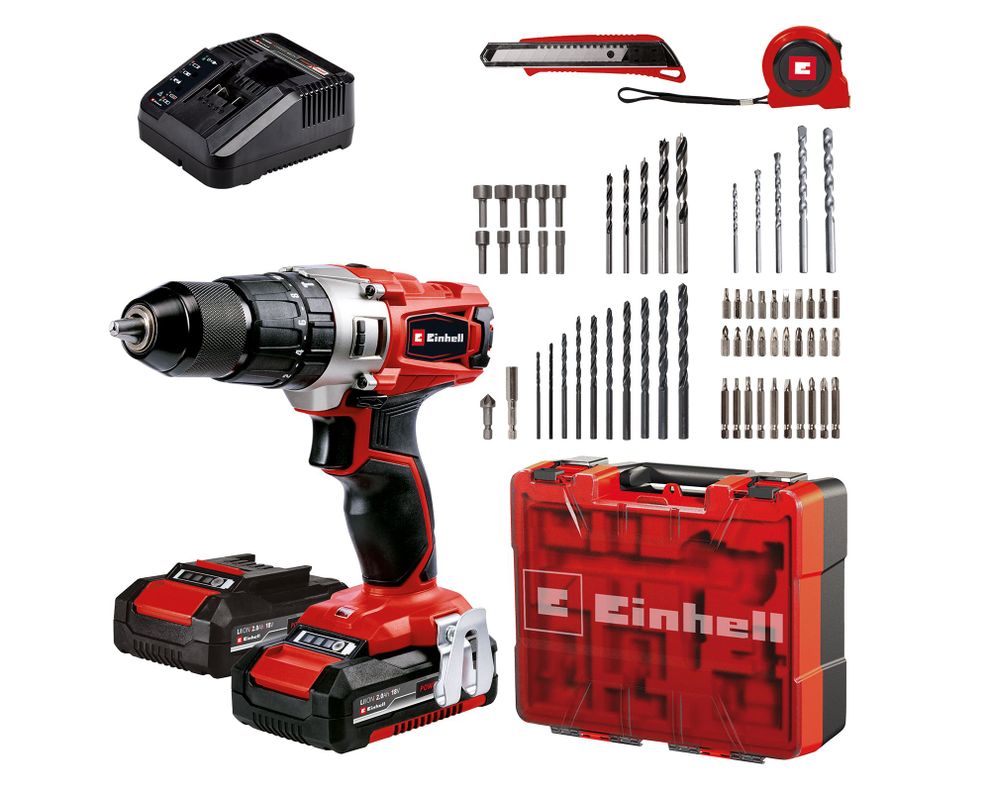 Kit taladro percutor inalámbrico 18V + 2 baterías 2.0 Ah + 64 accesorios + cargador + maletín-0