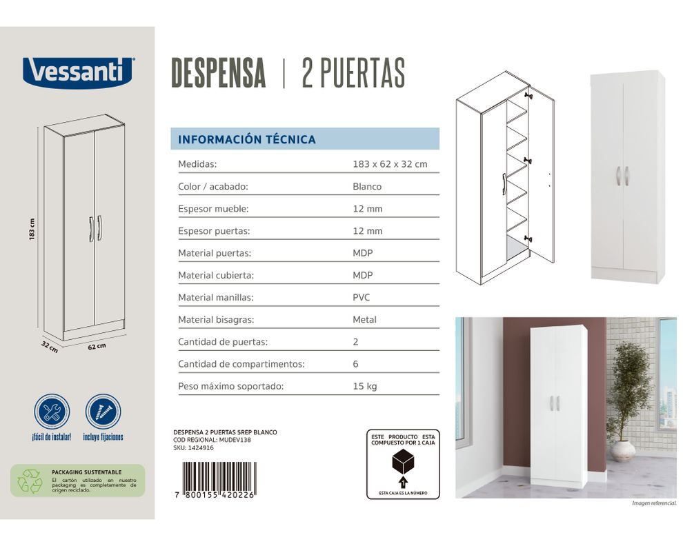 Despensa 5 repisas 2 puertas blanco-4