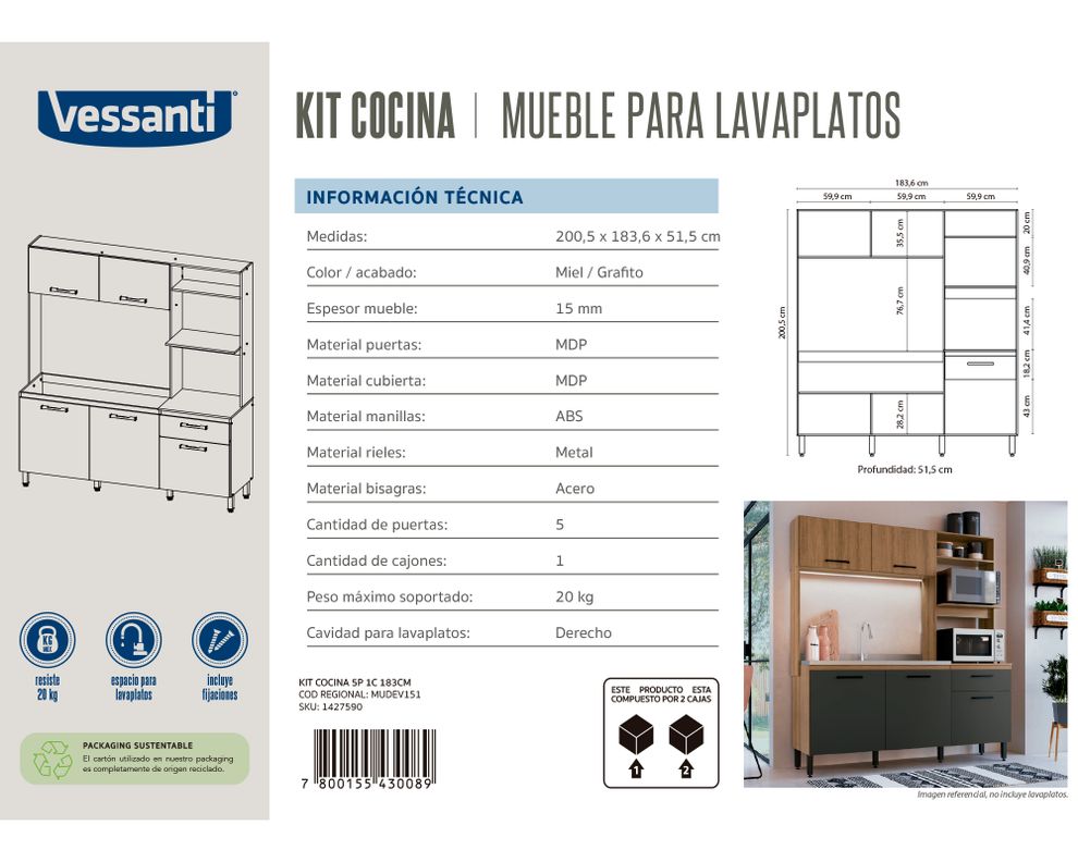 Kit Cocina 5 puertas 1 cajón miel/grafito-6