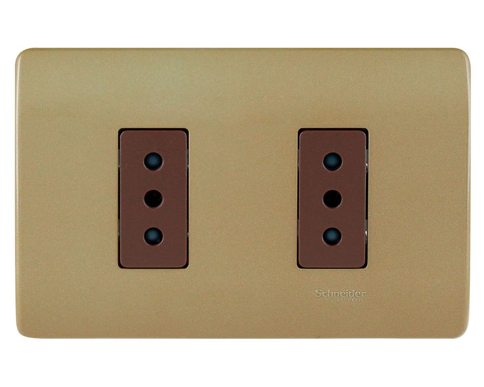 Placa armada tomacorriente doble 10A 2P+T Génesis dorado Schneider-0