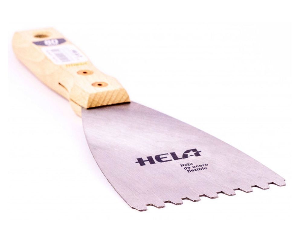 Espátula de acero 100 mm dentada Hela-1
