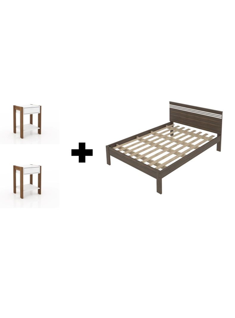 Cama 2P Nogal-Blanco 2 Veladores Base Sommier-0