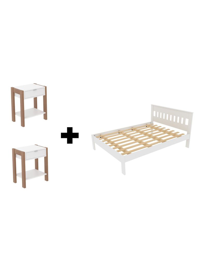 Combo Cama 2P Blanco Vertical 2 Veladores Base Sommier-0