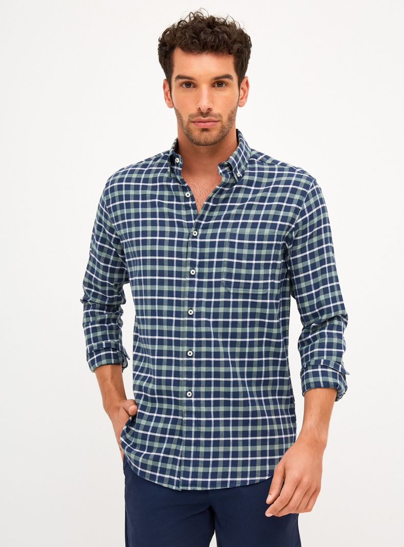 Camisa Check Manga Larga Algodón Lino