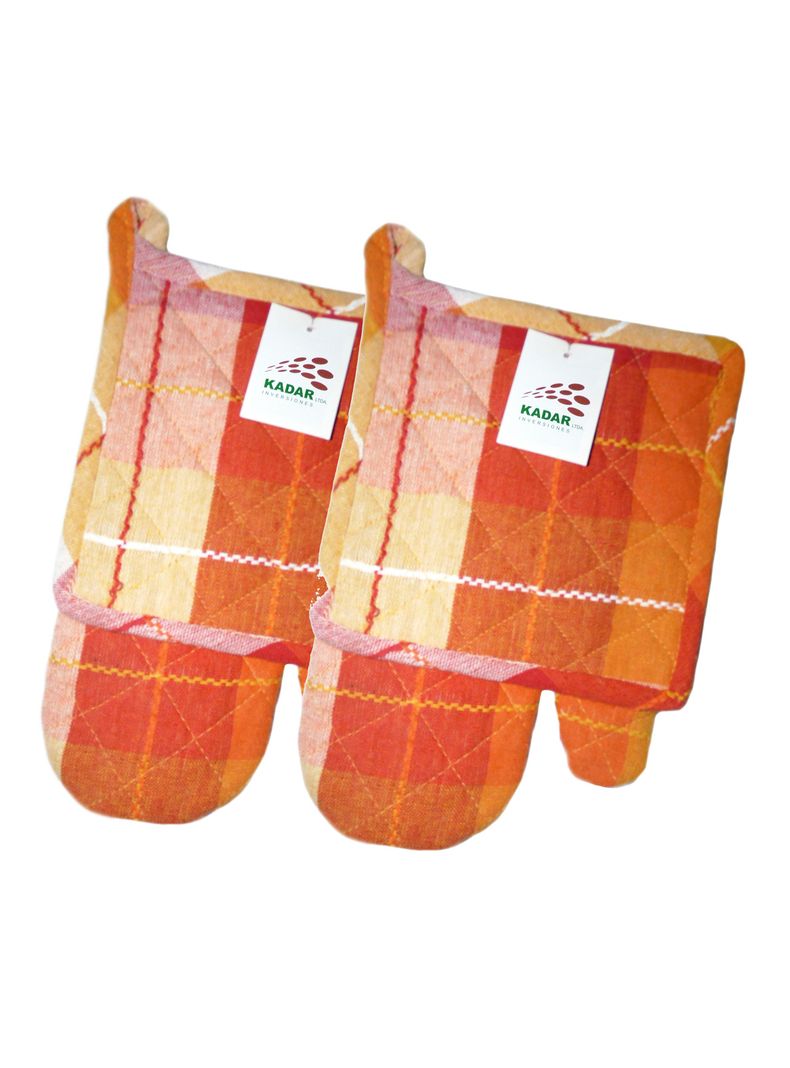 Set 2 Guantes Cocina + 2 Toma Ollas Cuadros Naranja Kadar-0