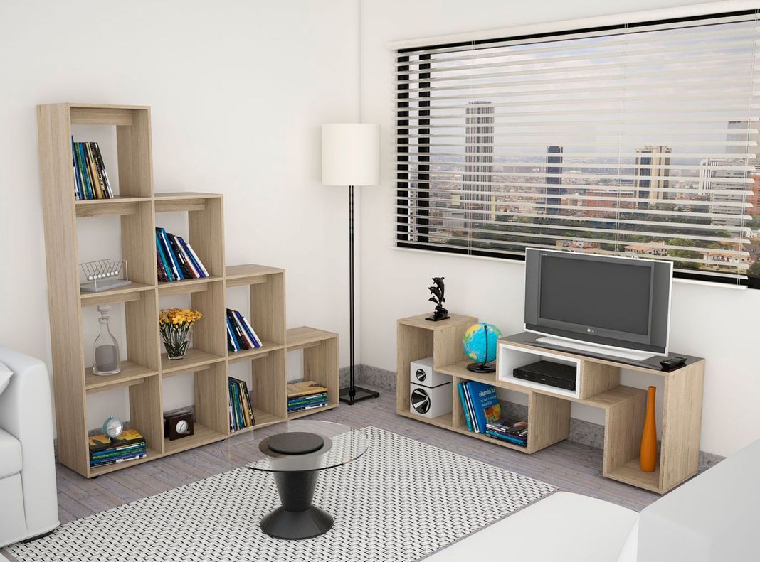 Combo Living Beijing Rovere Rack Extensible TV 40'' + Biblioteca Escalera-3