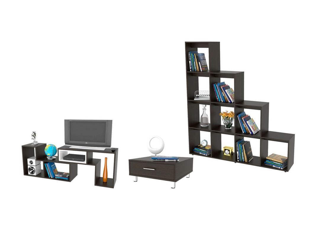 Combo Living Beijing Wengué Rack Extensible TV 40'' + Biblioteca Escalera + Mesa de Centro TuHome-0