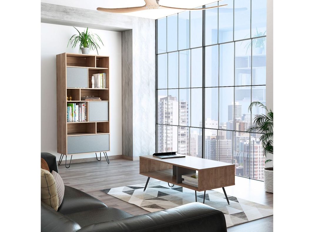 Combo TuHome Muebles Vassel Miel Plomo Biblioteca + Mesa de Centro-5