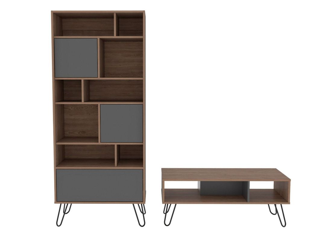Combo TuHome Muebles Vassel Miel Plomo Biblioteca + Mesa de Centro-0