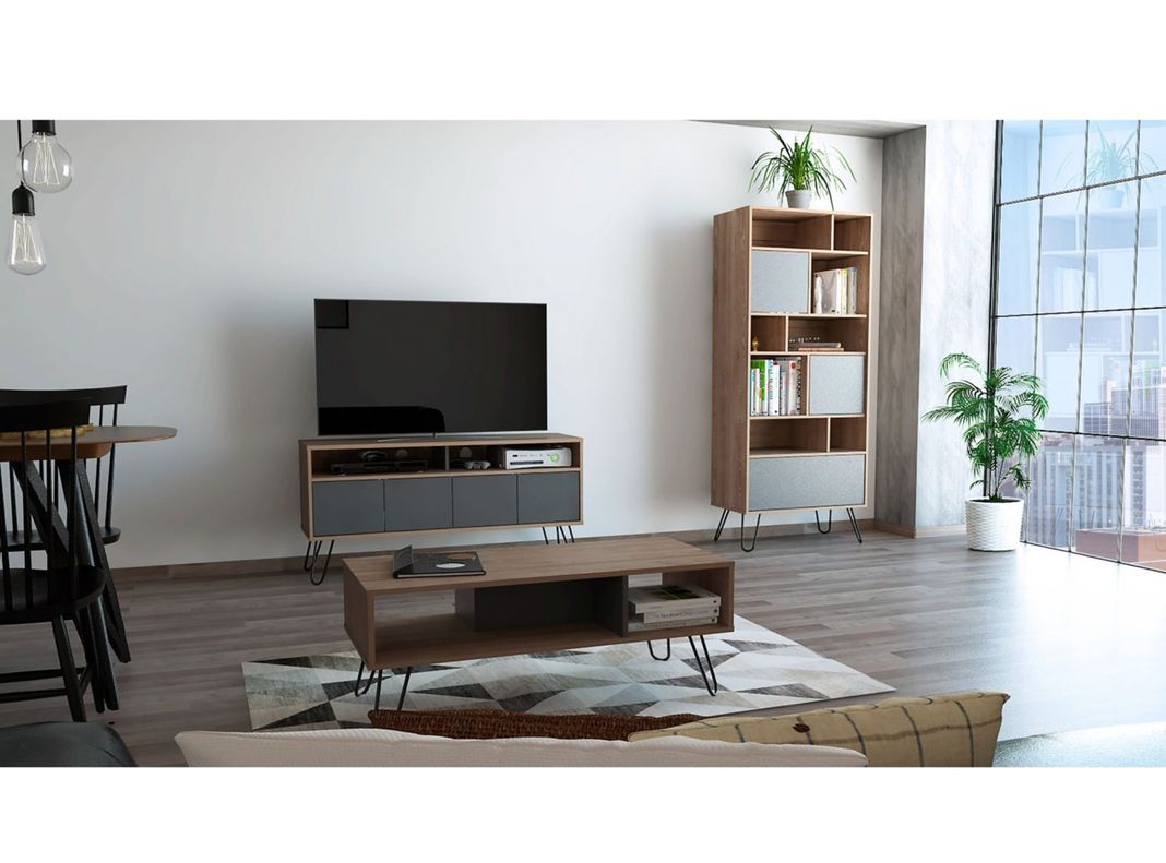 Combo Muebles Vassel Miel Plomo Biblioteca + Rack TV + Mesa de Centro TuHome-7