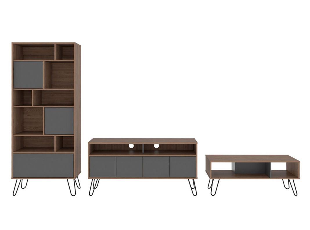 Combo Muebles Vassel Miel Plomo Biblioteca + Rack TV + Mesa de Centro TuHome-0