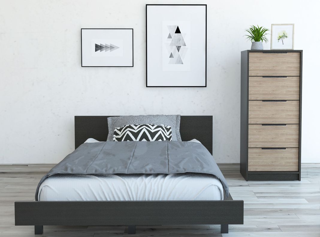 Cama 1.5 Plazas Dormitorio Kaia Wengue Miel + Cómoda 5C-1