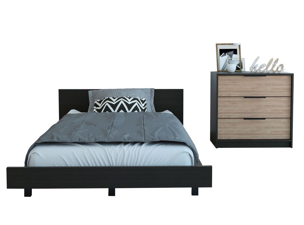 Combo Dormitorio Kaia Wengue Miel: Cama 1.5 Plazas + Cómoda 3C-0