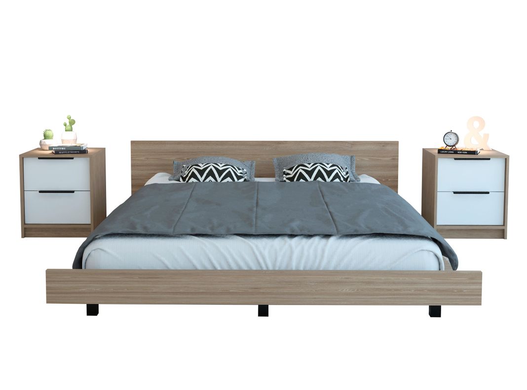 Combo Dormitorio Kaia Miel Blanco: Cama 2 Plazas + Velador-0