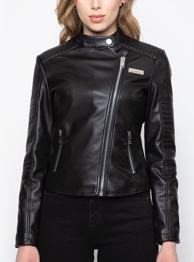 Chaqueta Moto Negra Cuero Sintético-0