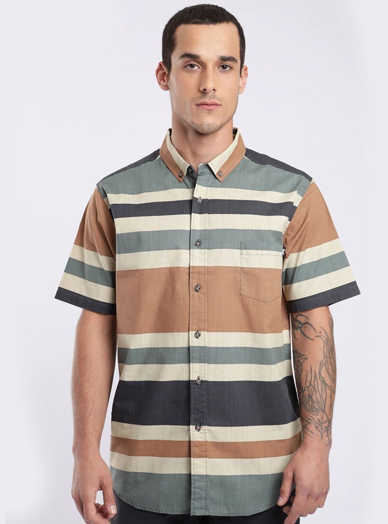 Camisa Manga Corta Texture Stripes Camel-0