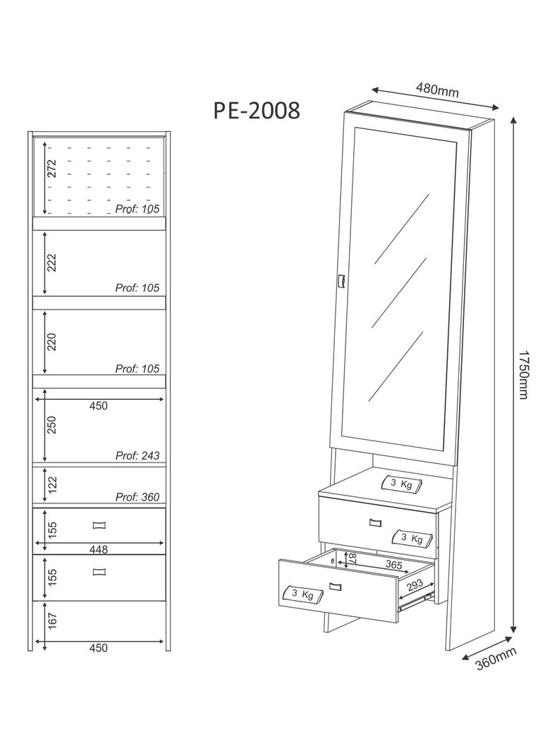 Tocador Espejo 1 Puerta Porta Accesorios PE-1