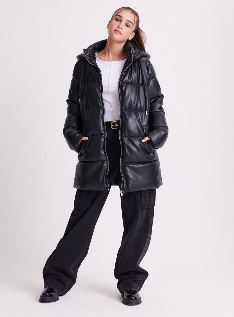 Parka Ecocuero Larga Con Gorro-4