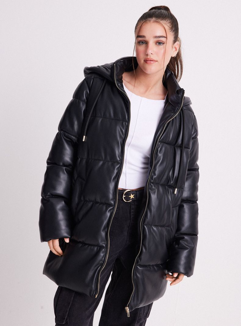 Parka Ecocuero Larga Con Gorro-0