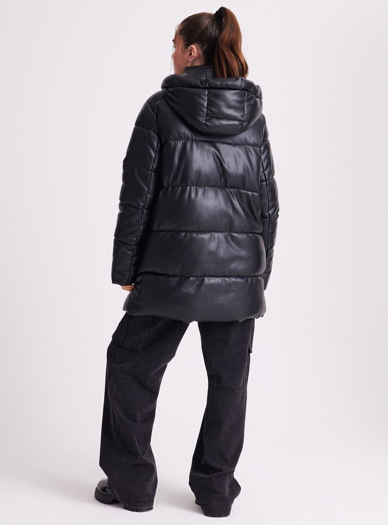 Parka Ecocuero Larga Con Gorro-5
