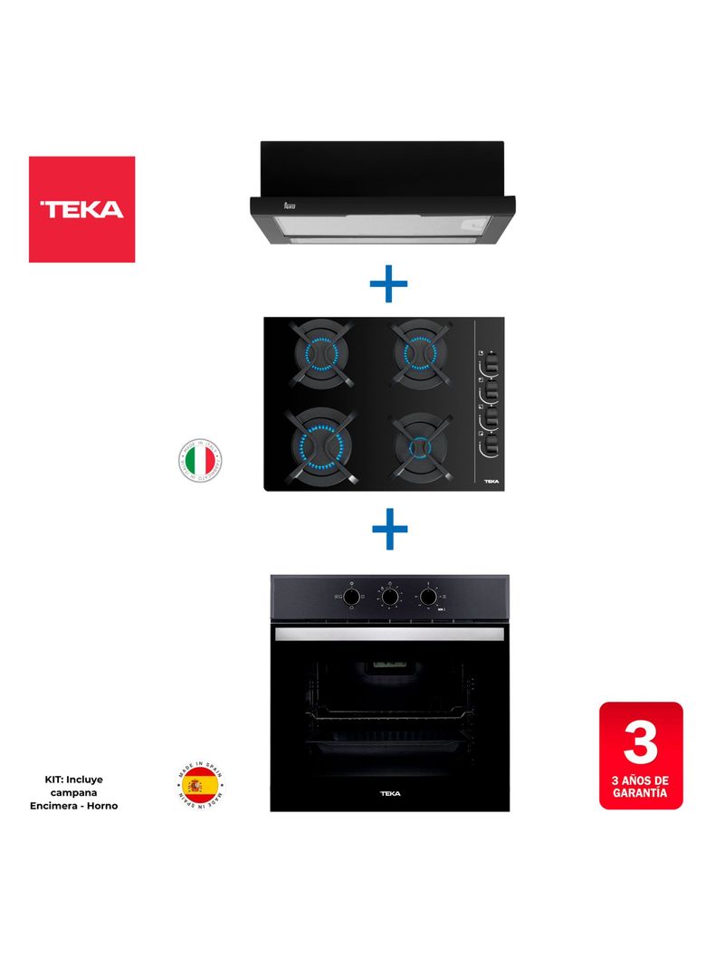Kit Empotrable Horno Eléctrico HBB510 BK Negro + Encimera Cristal Gas GBC 64003 KBB BK + Campana TL 6310 Negro-1
