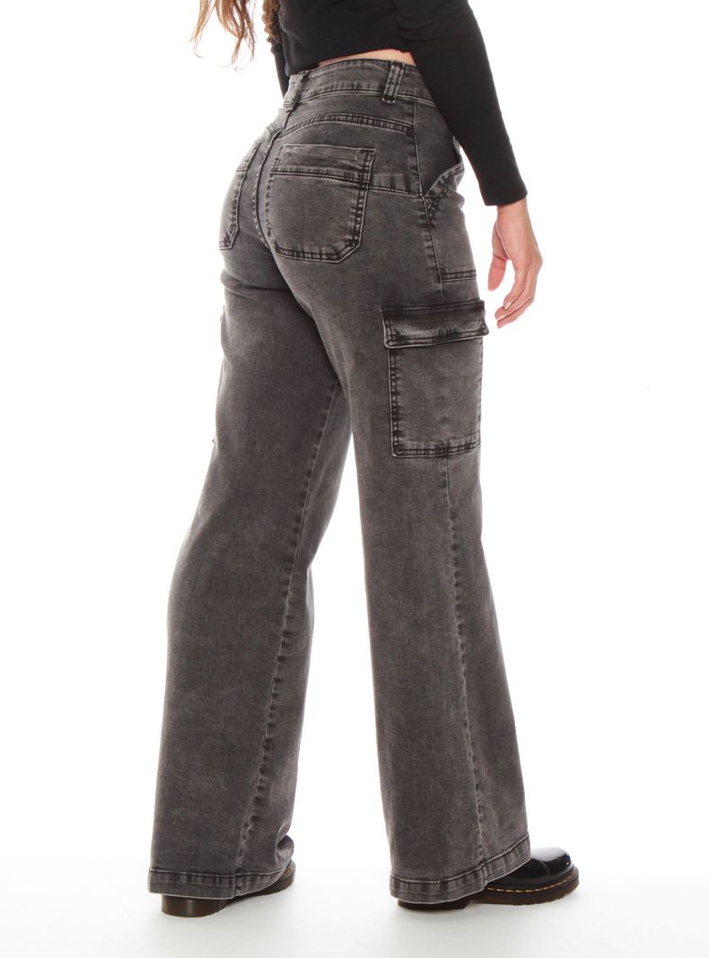 Jeans Recto Cargo Tiro Alto Pretina Un Botón Push Up-1