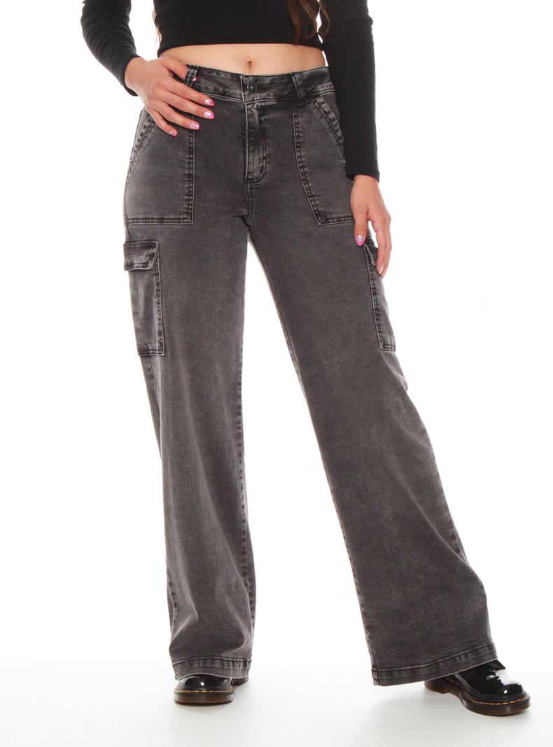 Jeans Recto Cargo Tiro Alto Pretina Un Botón Push Up-0