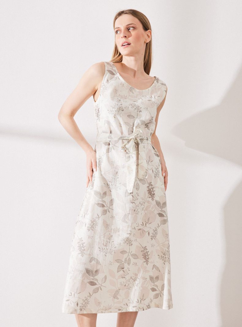 Vestido Lino Estampado sin Mangas y Amarra en Cintura-0