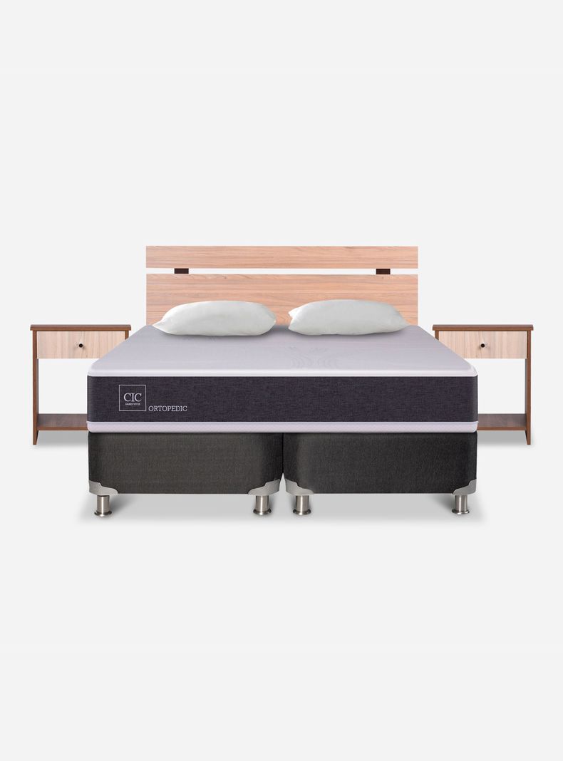 Cama Americana New Ortopedic B5 Black 2 Plazas Base dividida + 2 Almohadas + Set Olmo-1