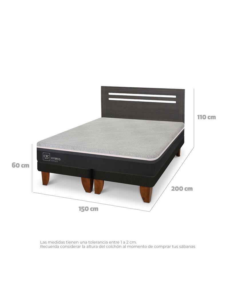 Cama Europea Hybrid Smart 2 Plazas Base Dividida + Respaldo Munich Gris-1