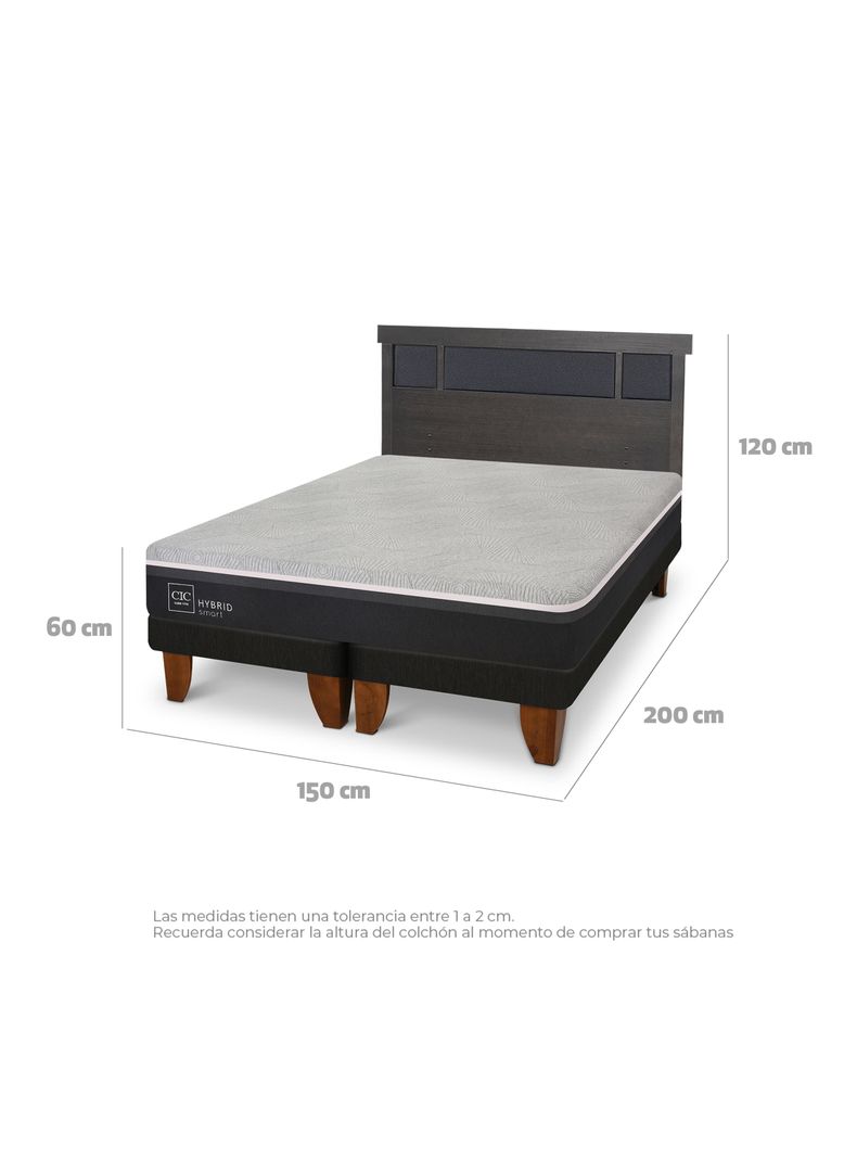 Cama Europea Hybrid Smart 2 Plazas Base Dividida + Respaldo Dublin Gris-1