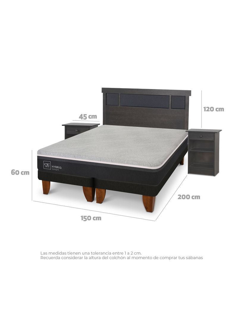 Cama Europea Hybrid Smart 2 Plazas Base Dividida Set Dublin Gris-1