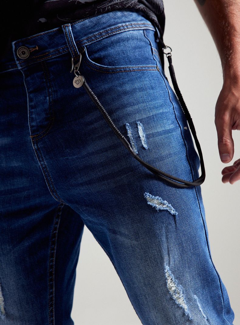 Jeans Lavado Contrastado Roturas Remallado Cadena Cordón-2