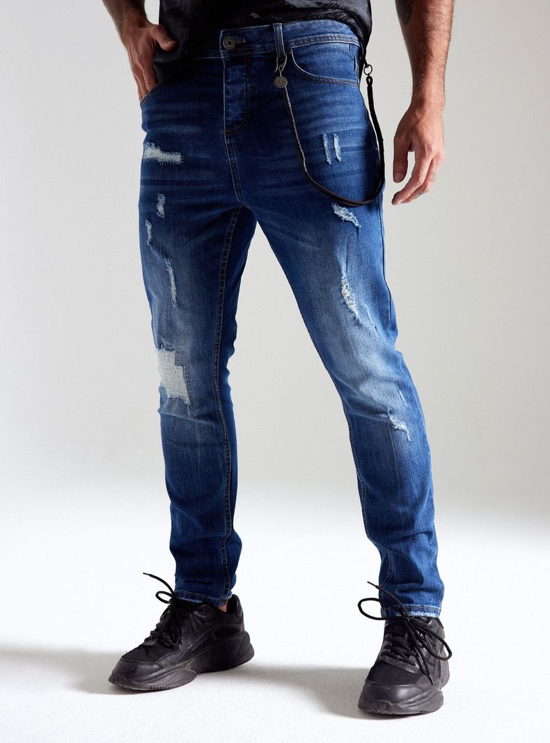 Jeans Lavado Contrastado Roturas Remallado Cadena Cordón-0