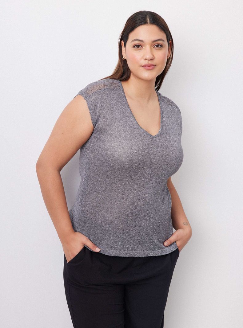 Polera Tejida con Hilo Metalizado y Detalle en Hombros-0