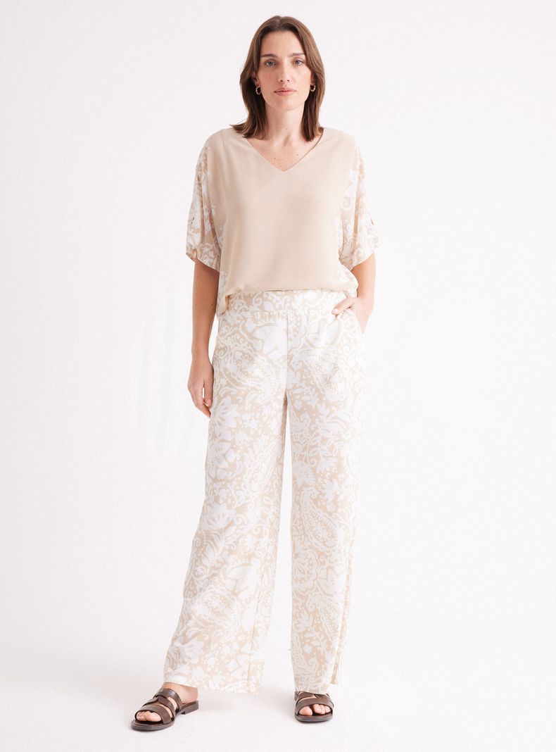 Pantalón Ancho Fluido Estampado Cintura Elasticada-4
