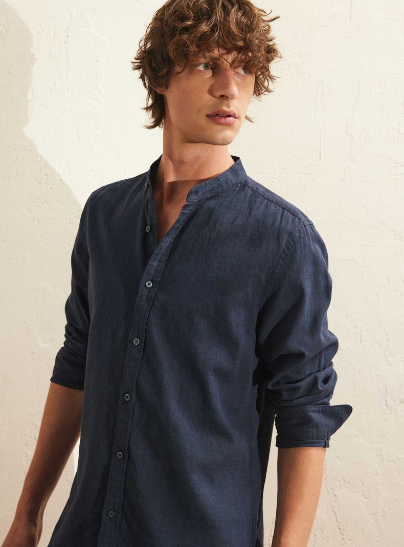 Camisa Cuello Mao Lino Algodón Manga Larga-2