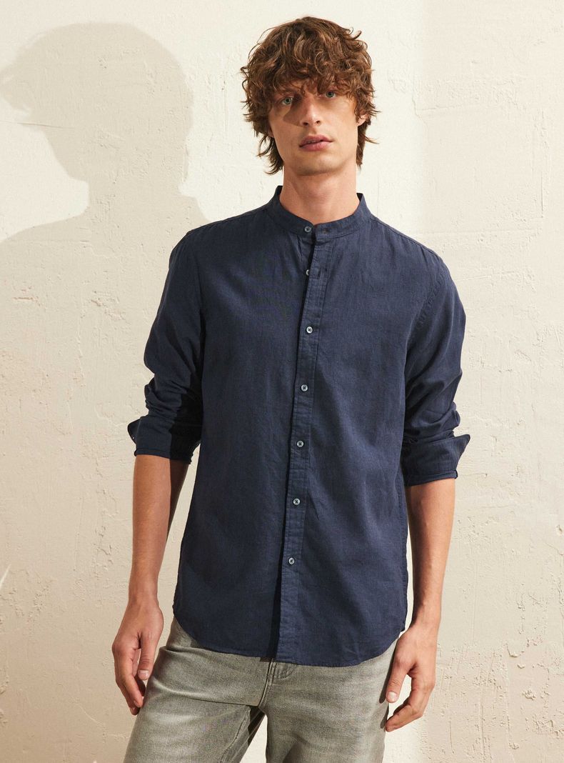Camisa Cuello Mao Lino Algodón Manga Larga-0