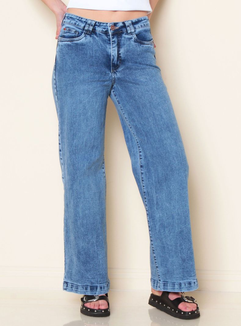 Jeans Wide Leg Tiro Alto Pretina Básica 1 Botón-0