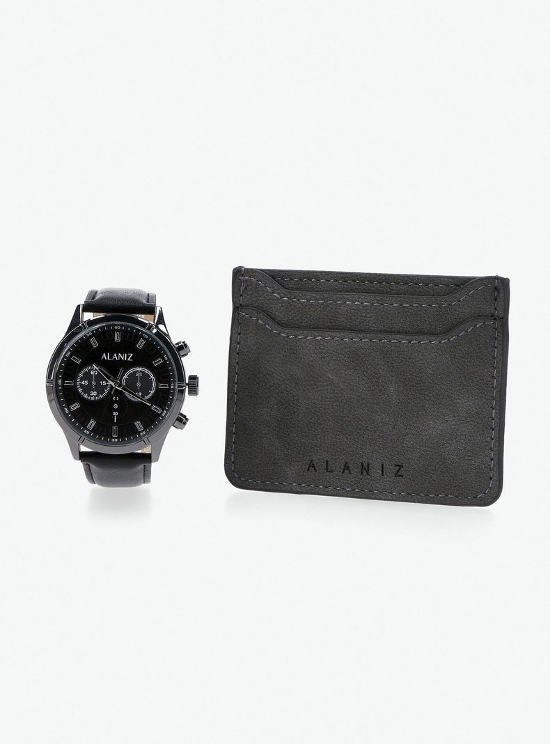 Pack Reloj Análogo Negro de Hombre +Billetera Alaniz | Paris.cl