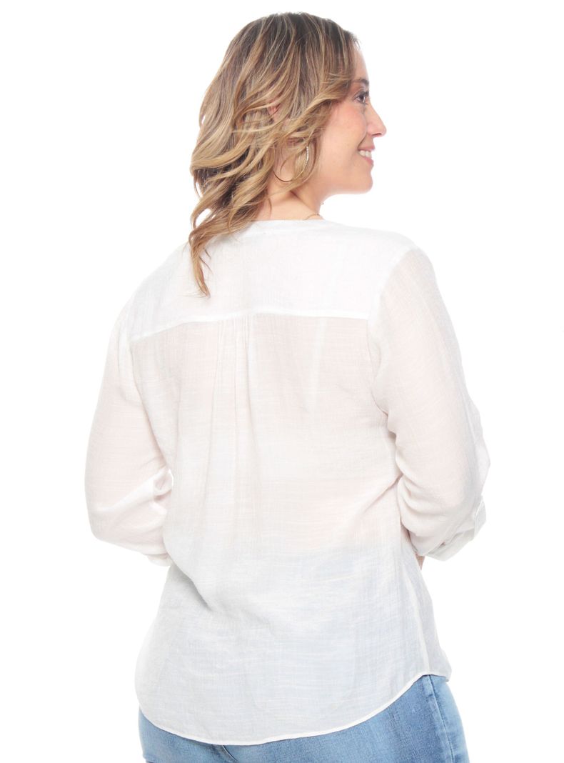 Blusa Anudada con un Bolsillo Manga Larga Ajustable-1