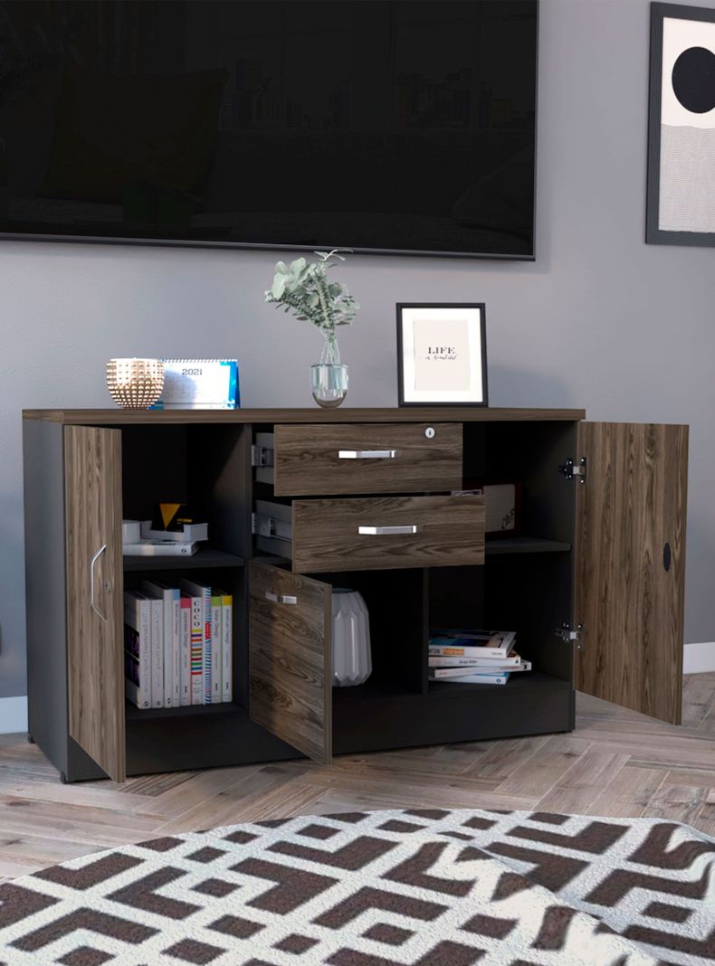 Gabinete 3 Cajones + 2 Puertas Home Office Negro Soft-Coñac-5