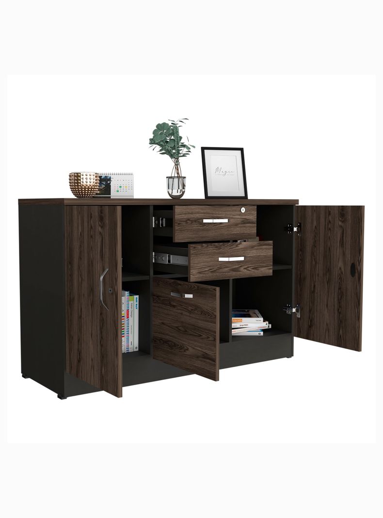 Gabinete 3 Cajones + 2 Puertas Home Office Negro Soft-Coñac-4