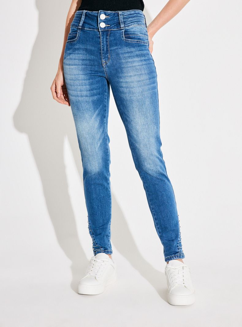 Jeans Push Up Pretina Ancha Bota con Strass