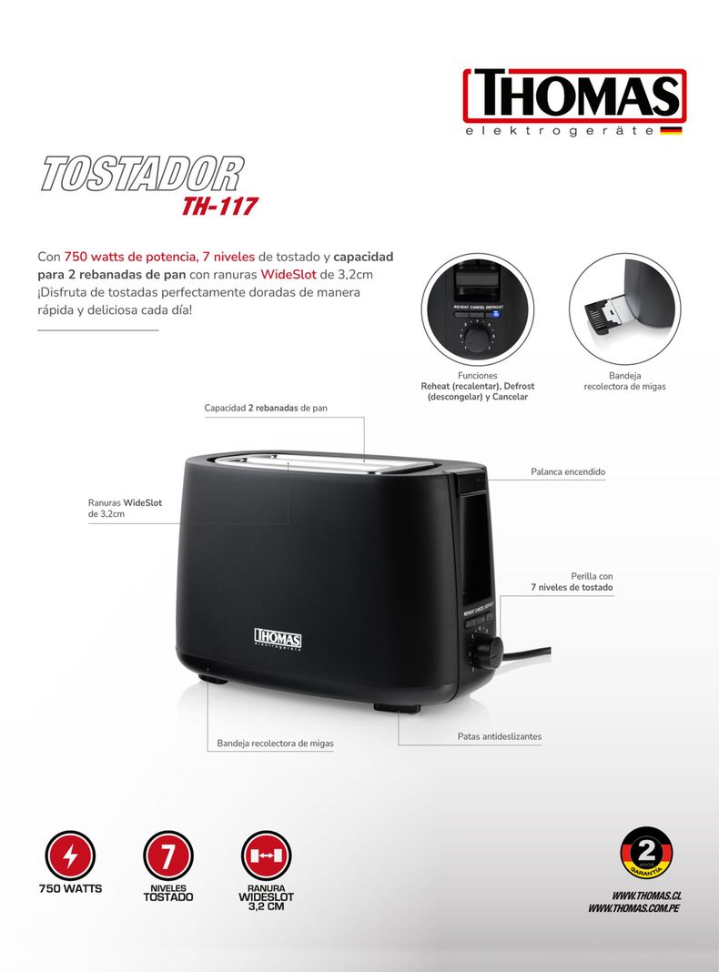 Tostador Eléctrico 2 Rebanadas TH-117-8