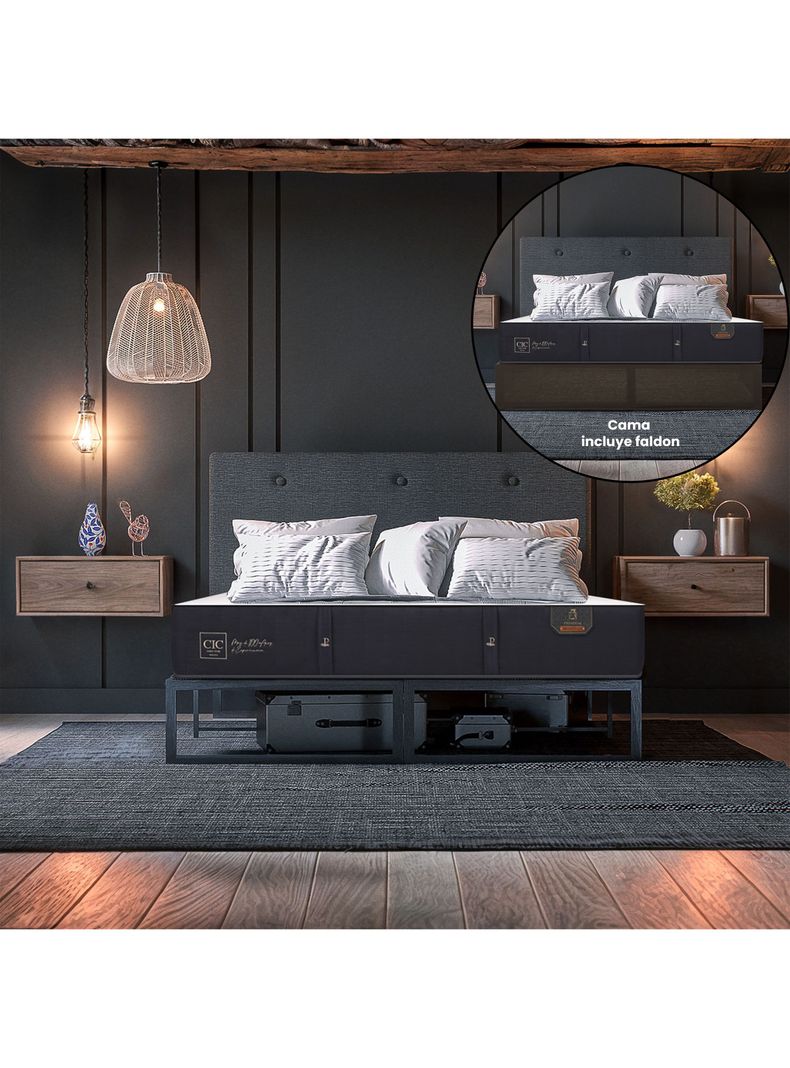 Cama Europea Iron Smart Premium 2 Plazas + Respaldo Black + Faldón-5