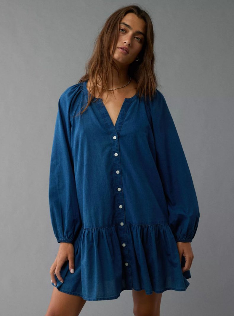 Vestido Ae Corto Estilo Camisa con Cintura Caída-0